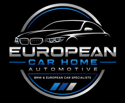 European Car Home Automotive logo with car silhouette and blue accents on black background
