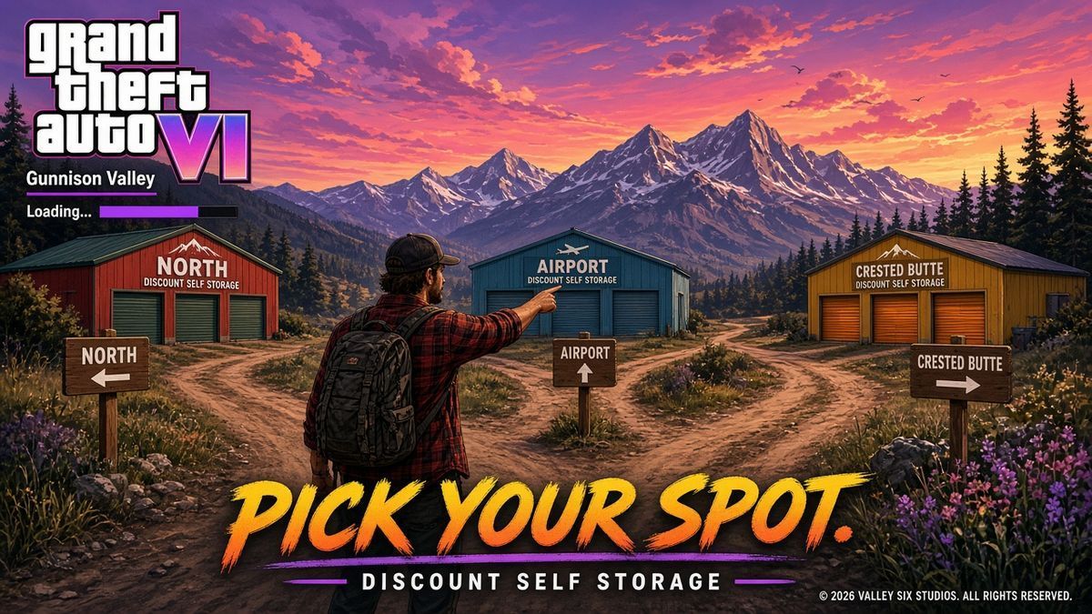 GTA-style illustration of a Gunnison Valley local choosing among Discount Self Storage North, Airport, and Crested Butte locations