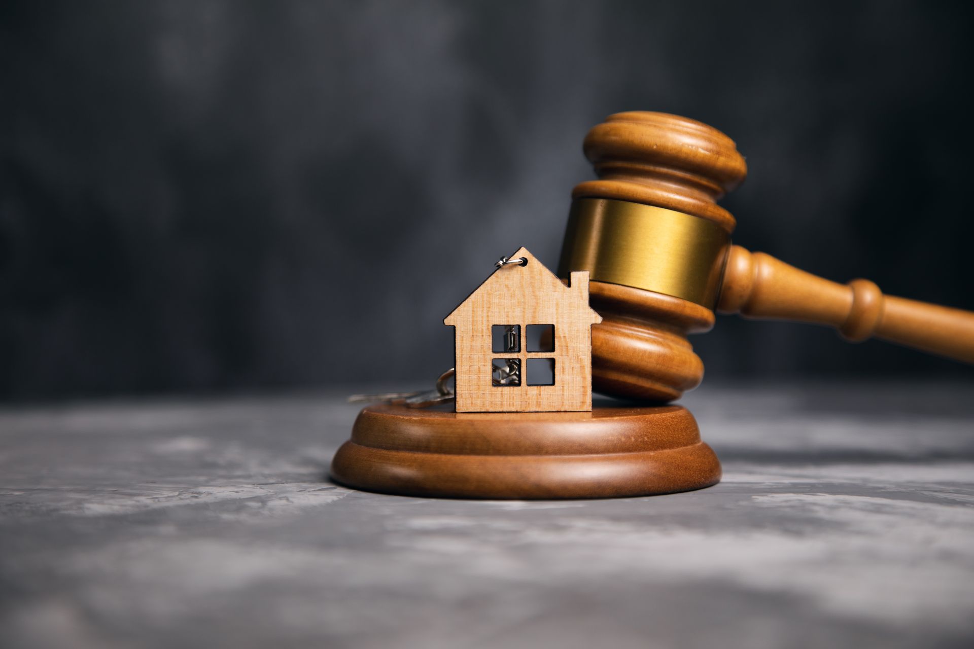 A wooden house is sitting on top of a wooden gavel.