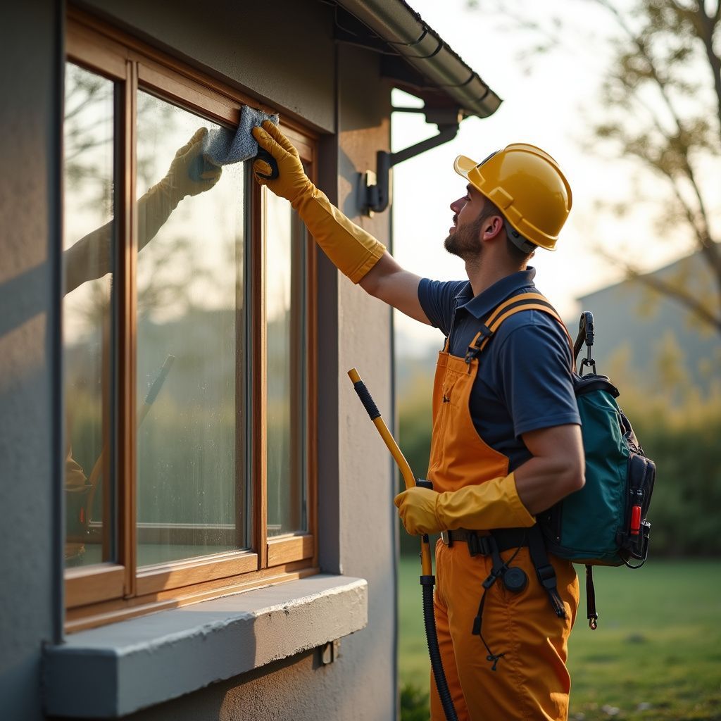 Man in overalls and hard hat washes a window with a sprayer and rag.