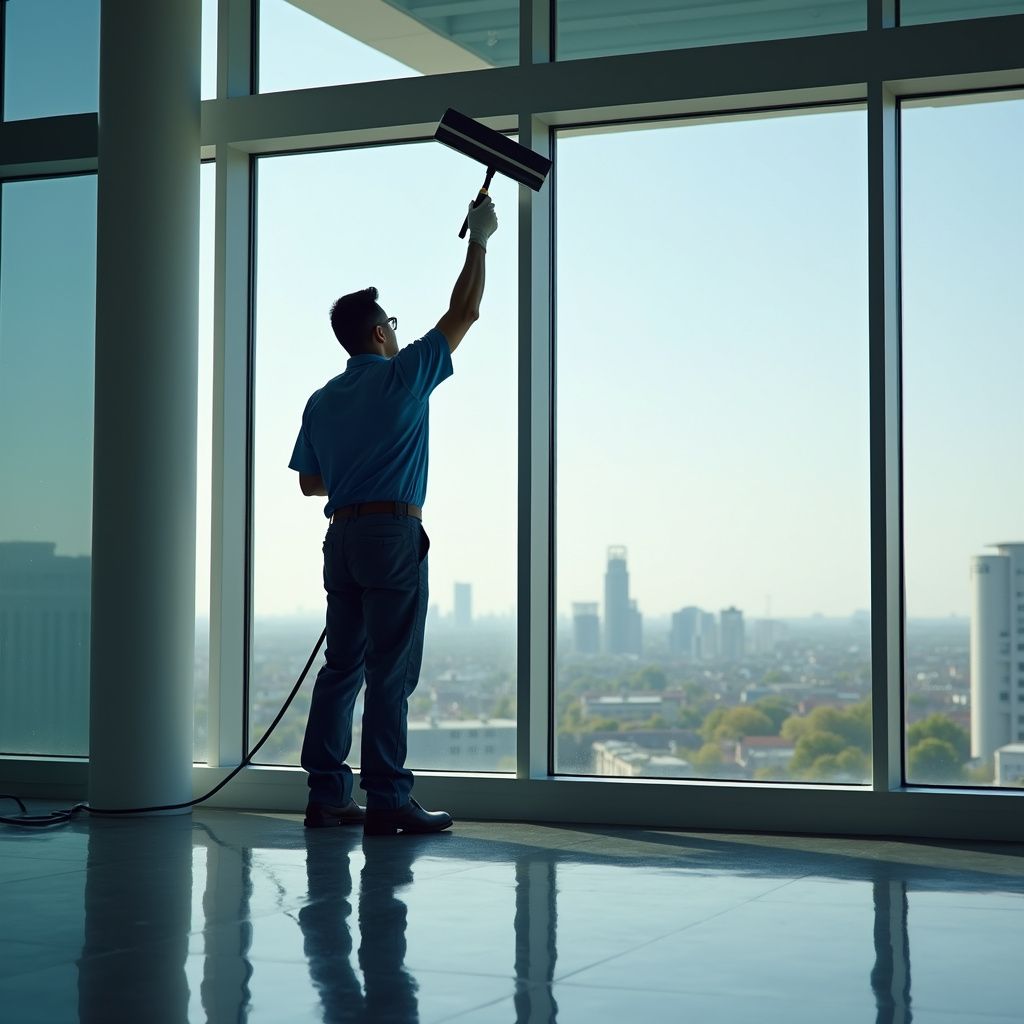 Window cleaner using a squeegee on a large window in an office overlooking a cityscape.
