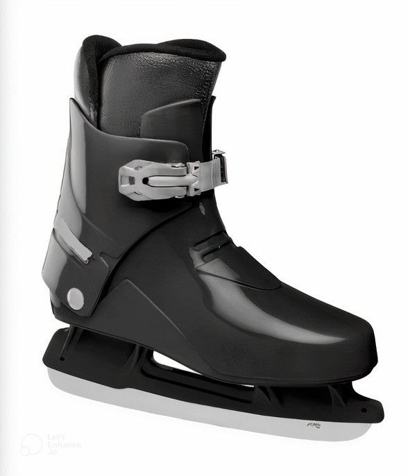 Un par de patines de hielo negros sobre un fondo blanco.