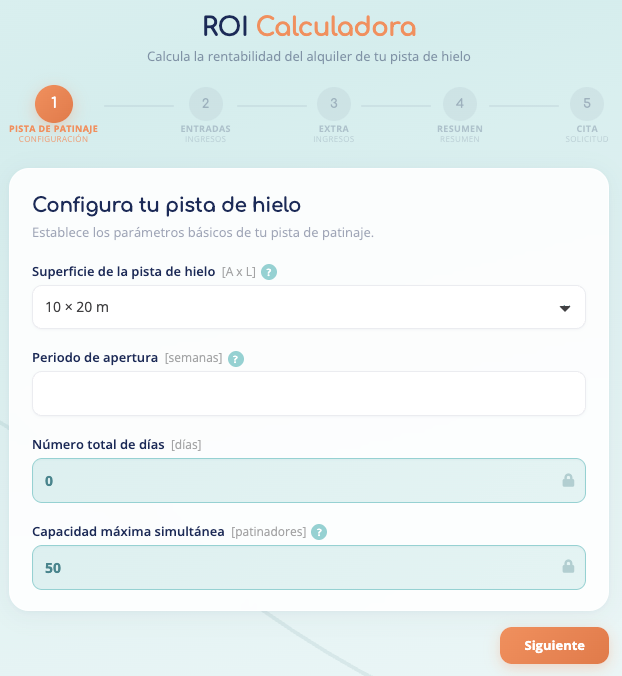 Pantalla de calculadora ROI en español para configurar una pista de hielo, con formulario y botón “Siguiente”