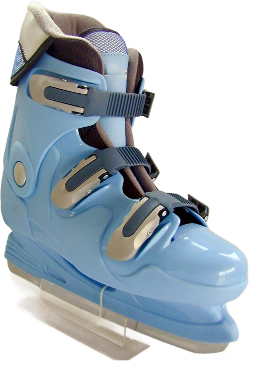 Un par de patines de hielo azules sobre un fondo blanco.