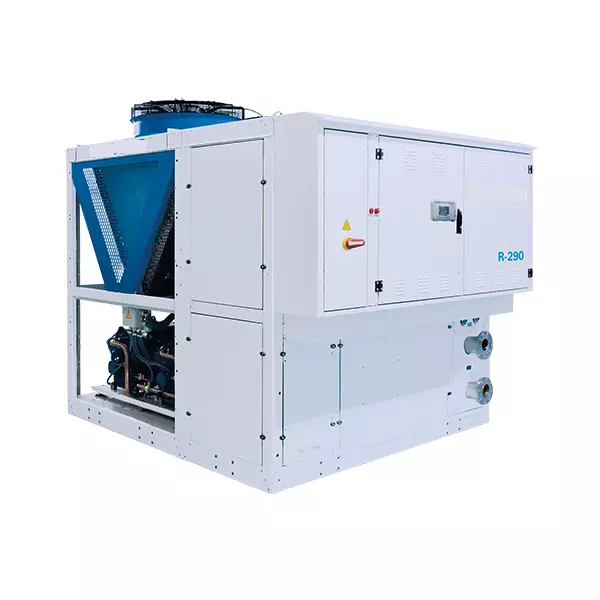 Una gran máquina blanca y azul está situada encima de una superficie blanca.