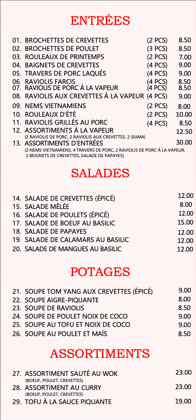 menu à l'emporter de cuisine asiatique chez Xin Yuan