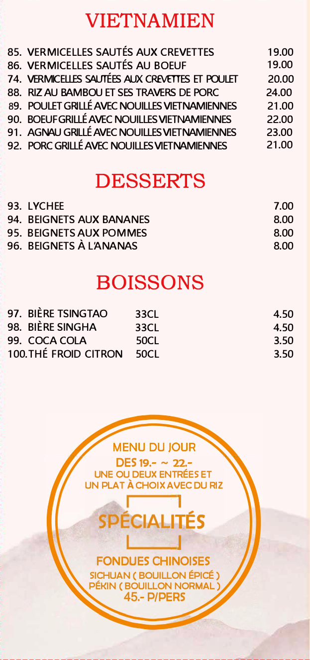 menu à l'emporter de cuisine asiatique chez Xin Yuan