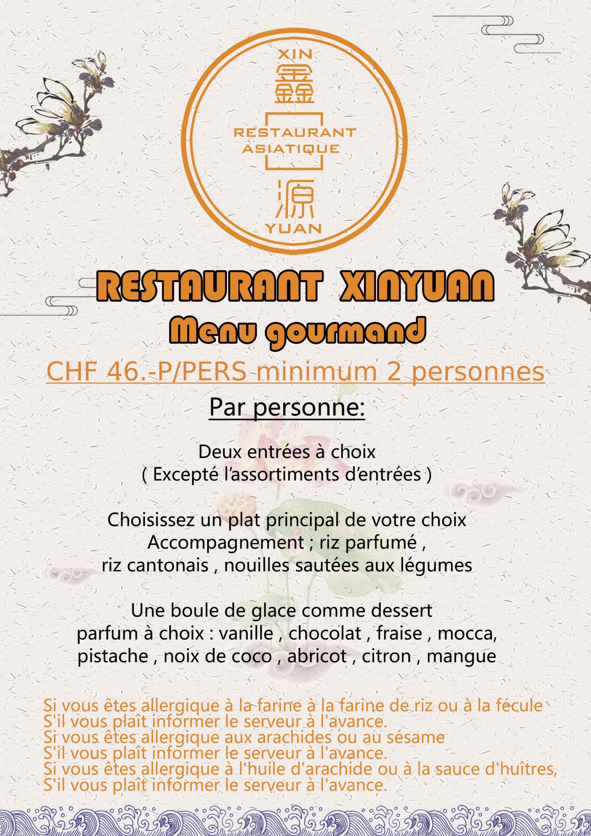 Menu des plats sur place chez Xin Yuan