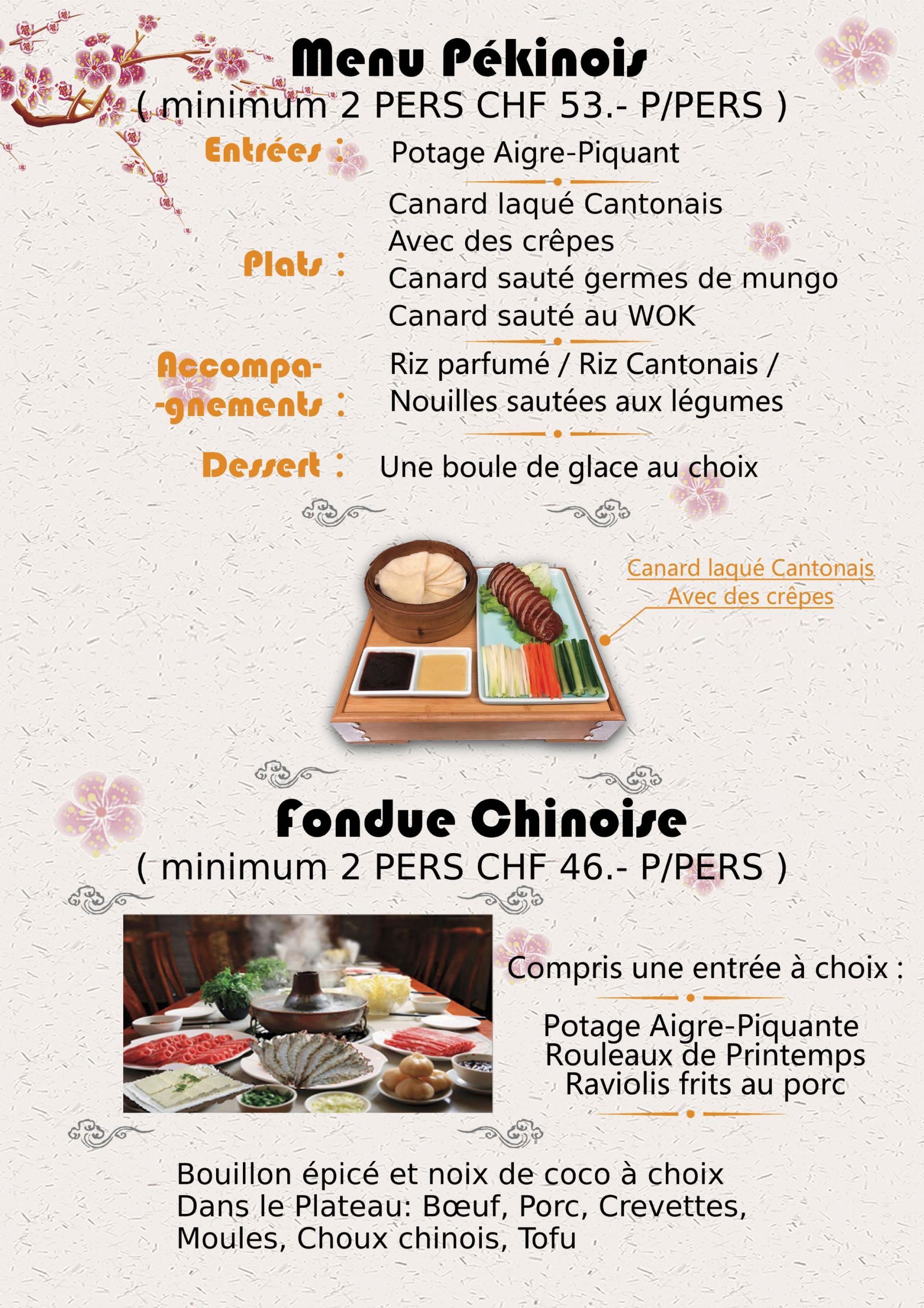 Menu des plats sur place chez Xin Yuan