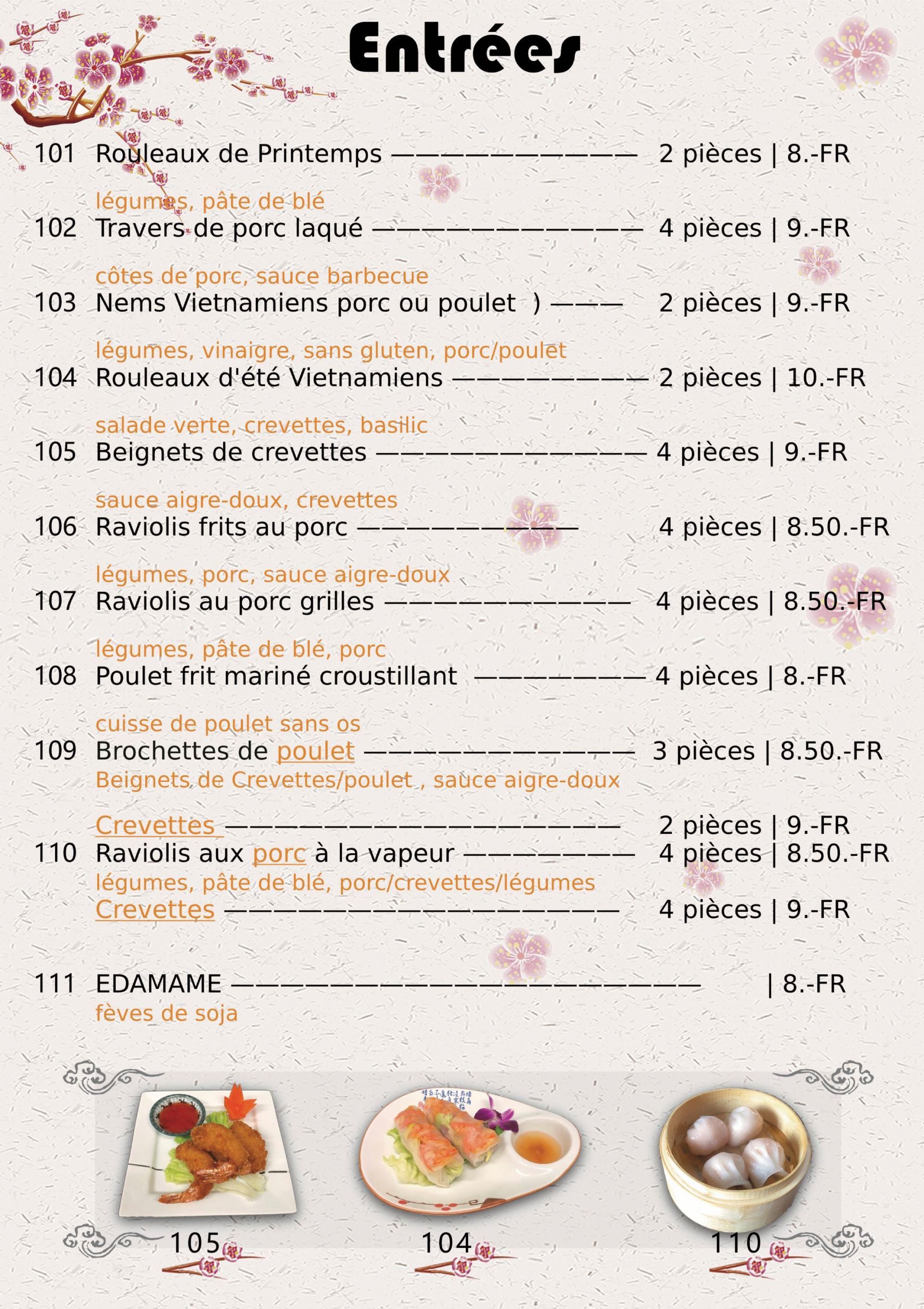 Menu des plats sur place chez Xin Yuan