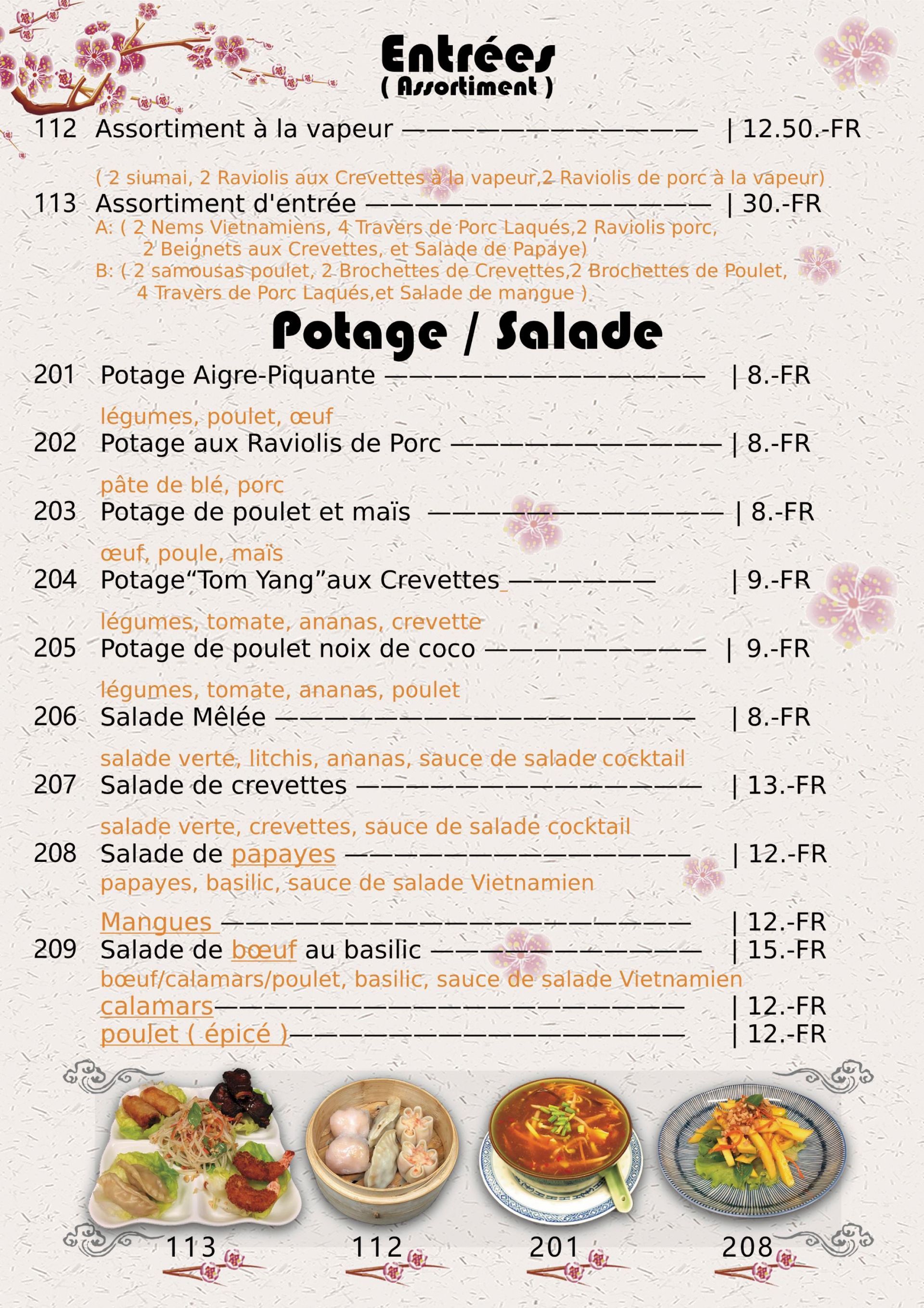 Menu des plats sur place chez Xin Yuan