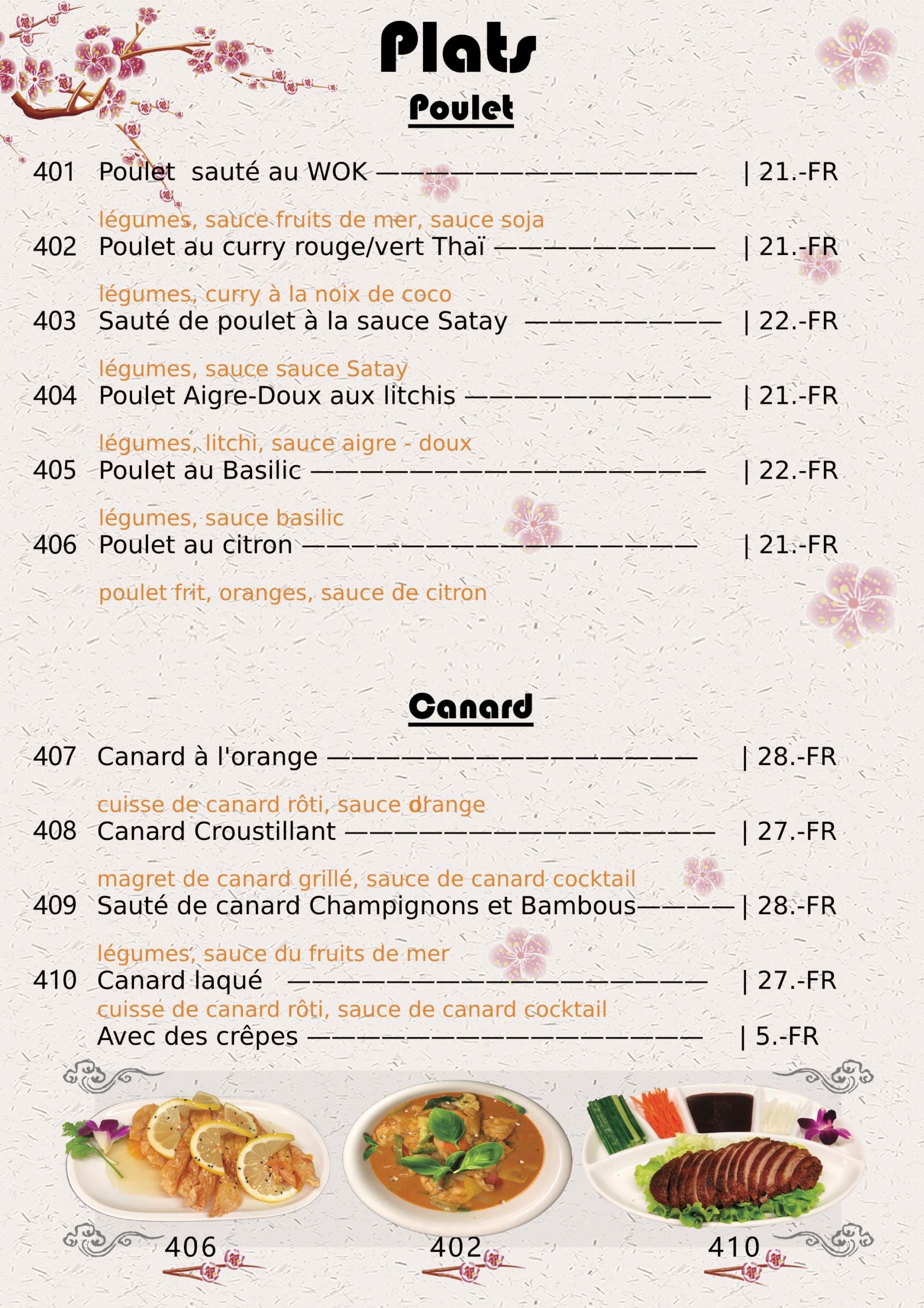 Menu des plats sur place chez Xin Yuan