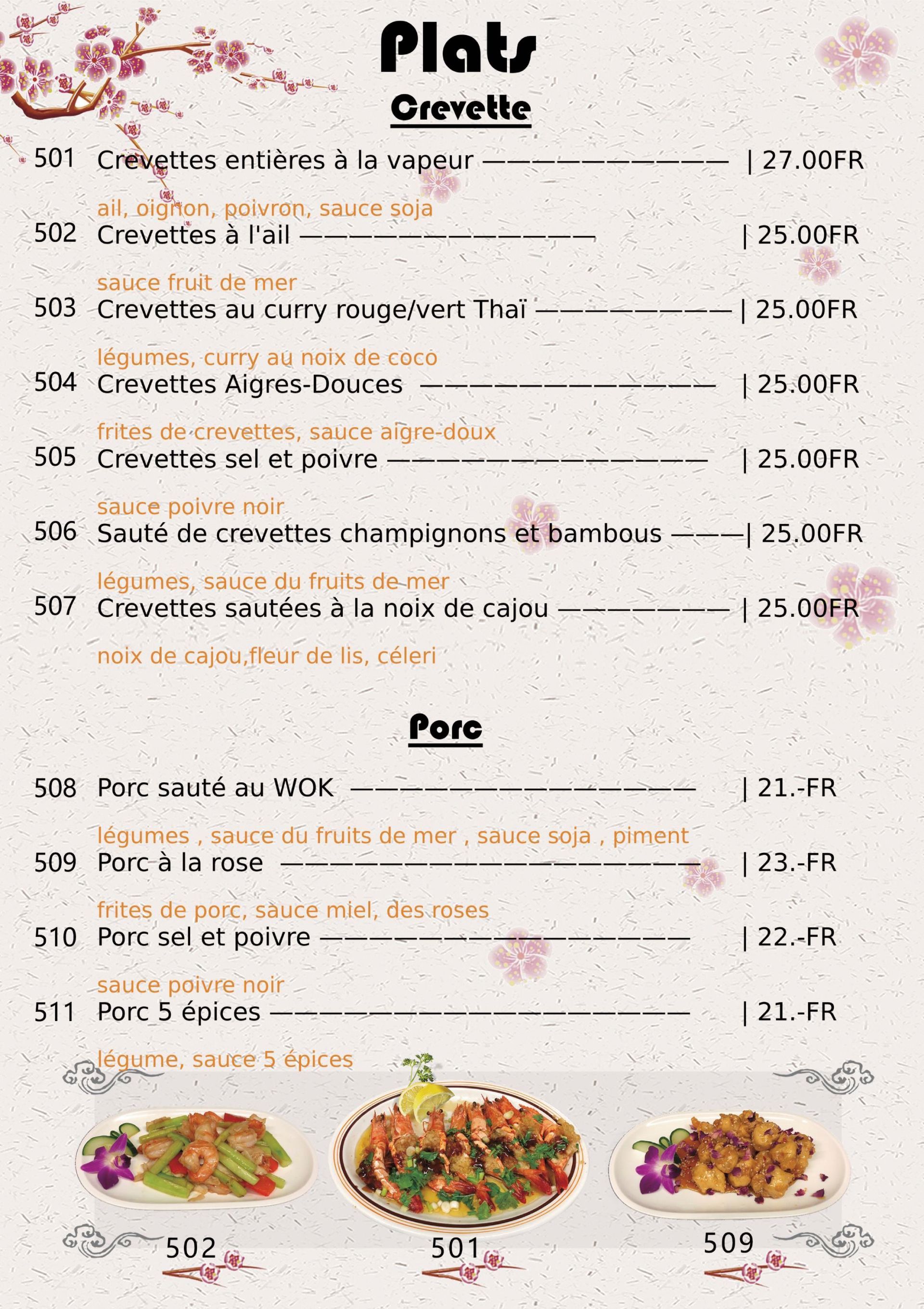 Menu des plats sur place chez Xin Yuan