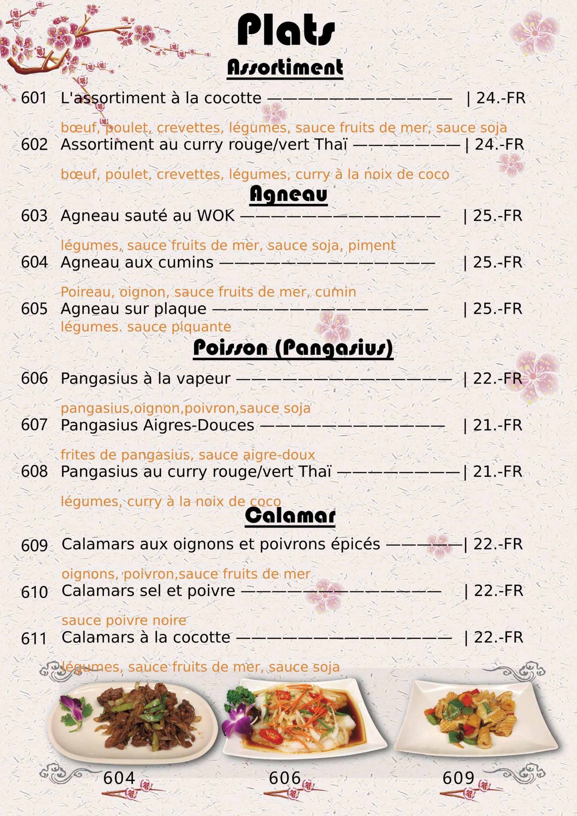 Menu des plats sur place chez Xin Yuan