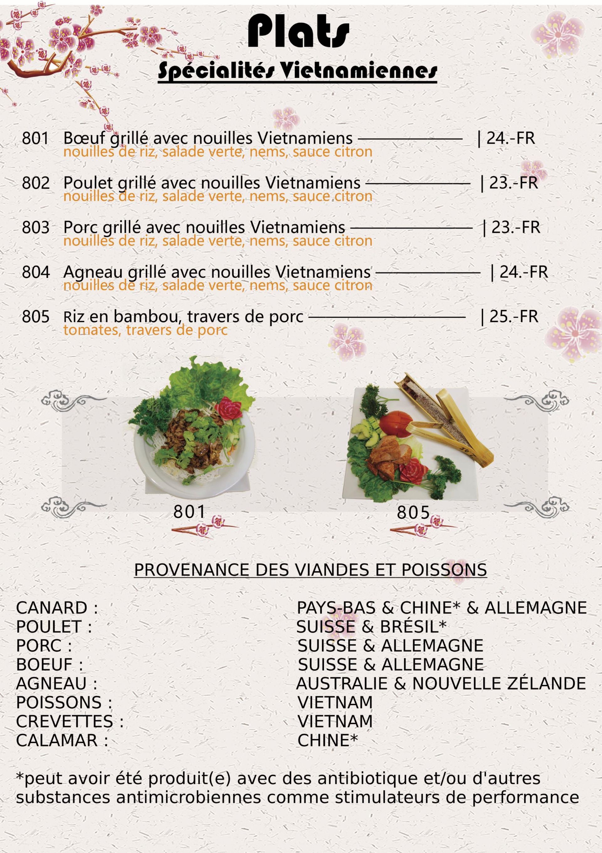 Menu des plats sur place chez Xin Yuan