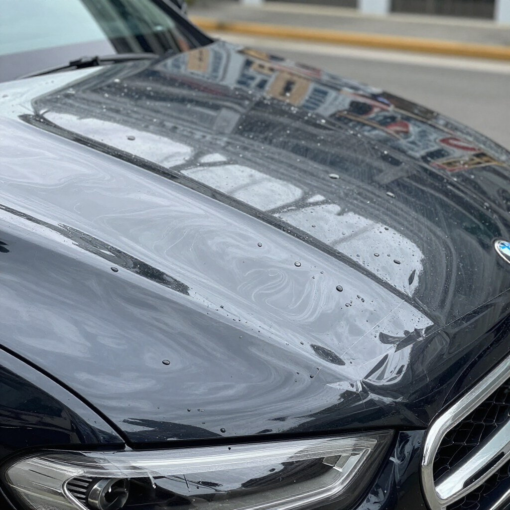 Close-up of a wet black car hood and headlight with raindrops, reflecting nearby buildings.