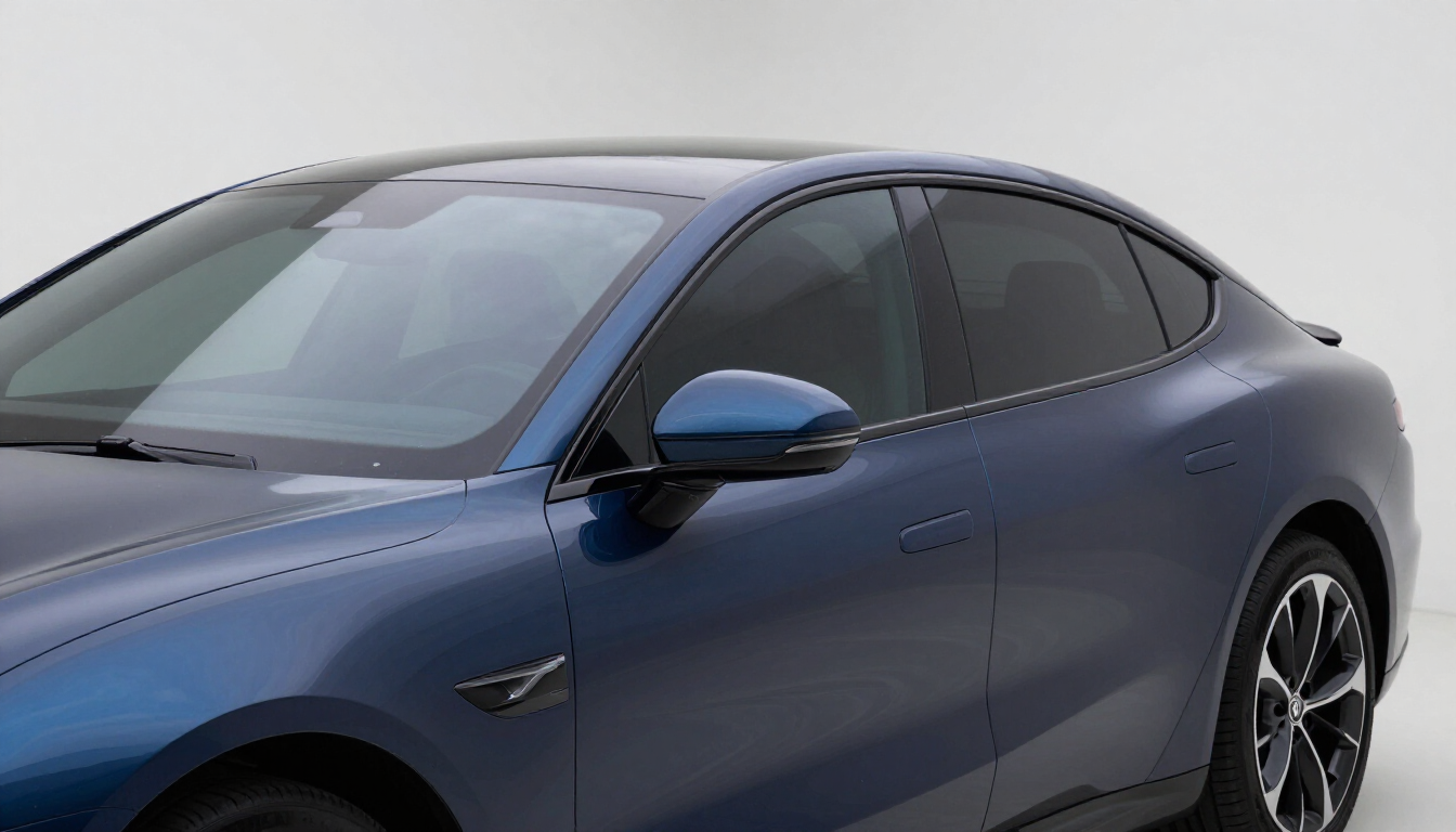 Blue Tesla sedan in side view on a light gray background