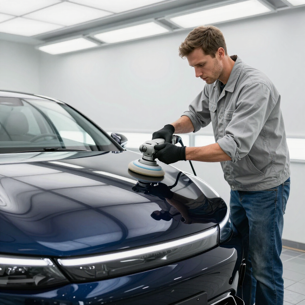 Man polishing a dark blue car with a buffer in a bright auto shop