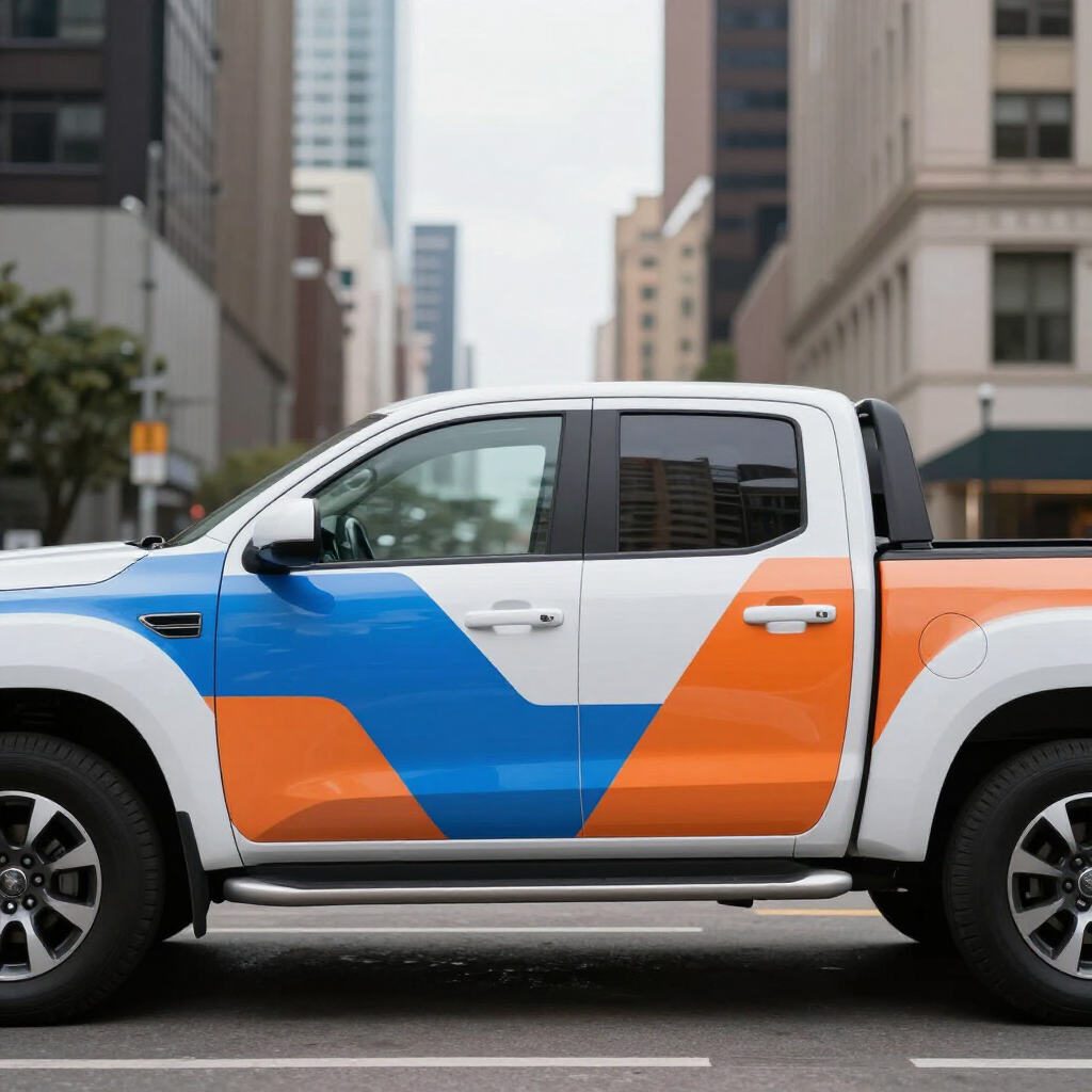 Colorful white pickup truck with blue and orange wrap parked on a city street between tall buildings