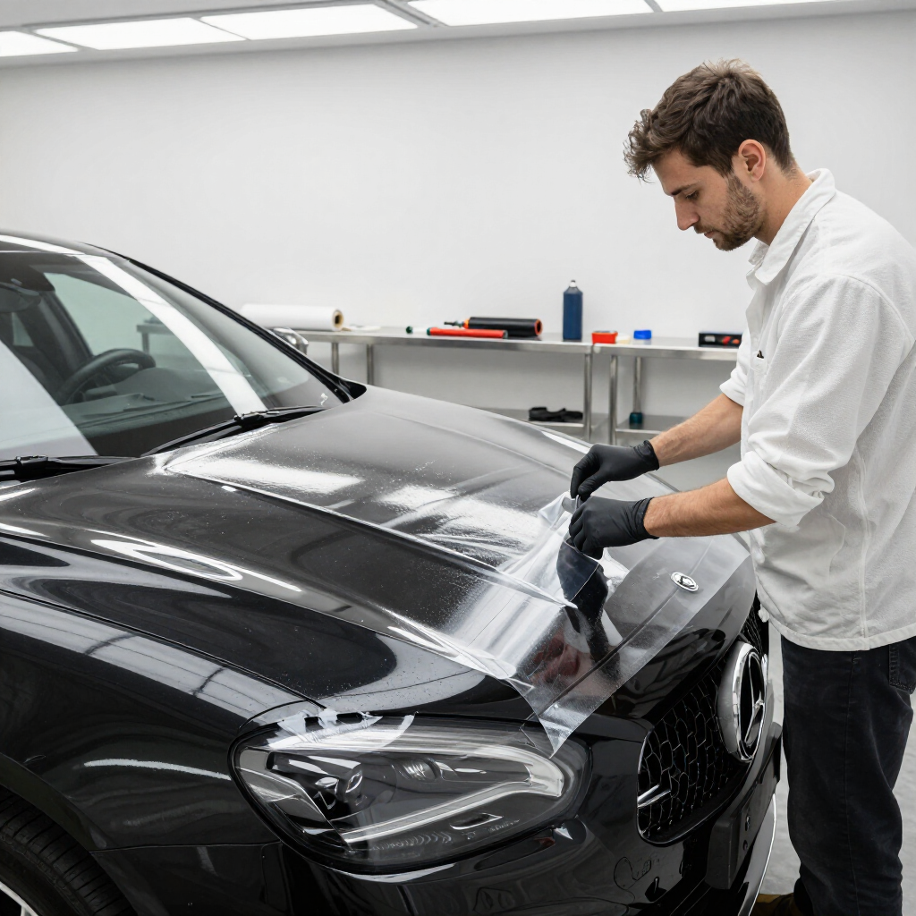 Man applying clear protective film to the hood of a black car in a workshop