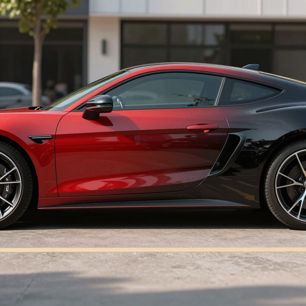 Red and black sports car parked on a street in front of a building.