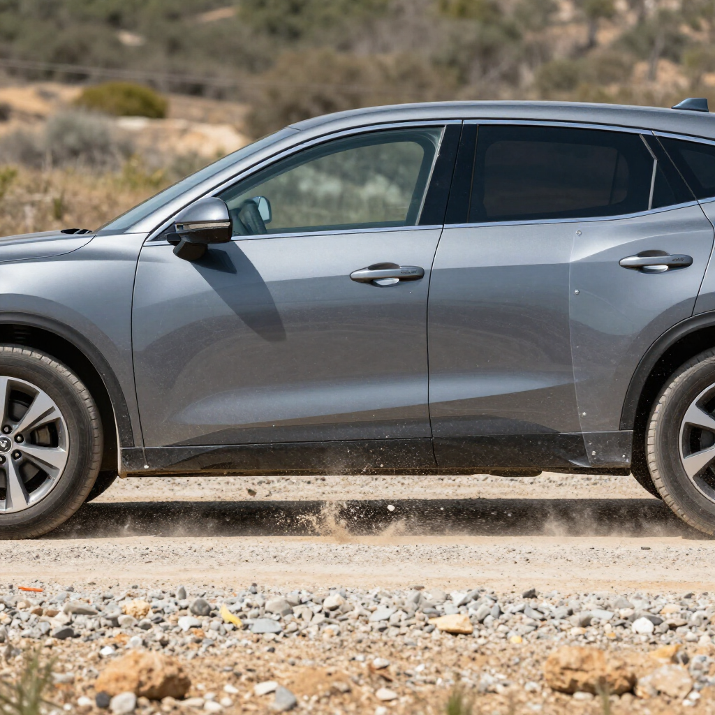 Gray SUV driving on a gravel road in a dry, rocky desert landscape