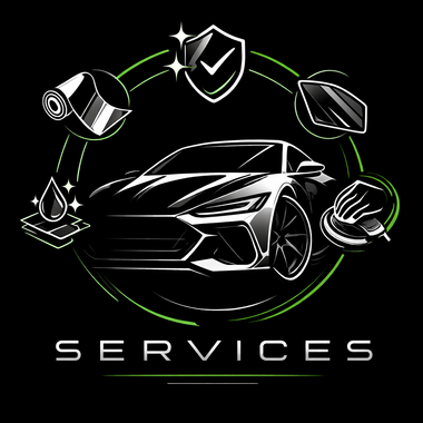 Black-and-white car service graphic with shield, detailing icons, and the word “SERVICES” underneath