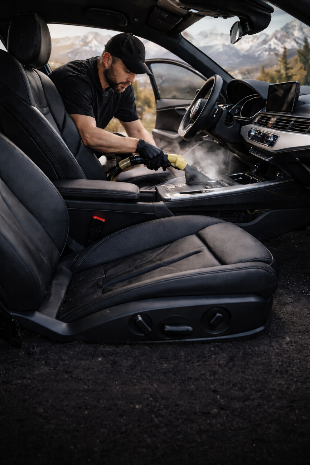 Man vacuuming a car interior after a spill, with white powder on the passenger seat and center console