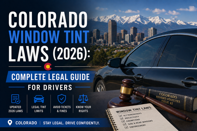 Colorado window tint laws 2026 guide graphic with Denver skyline, police badge, tint meter, and legal document