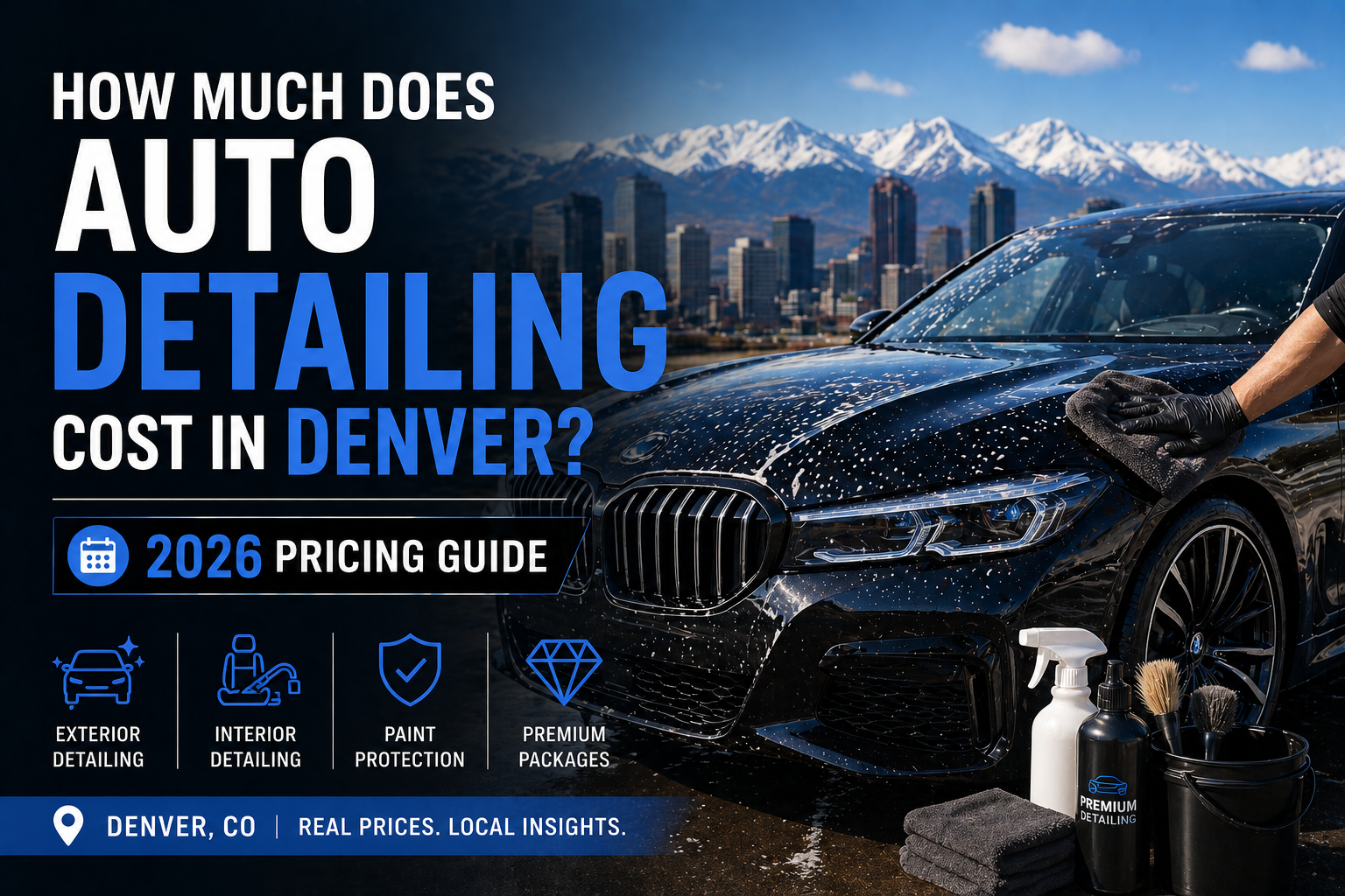 Auto detailing price guide ad with black car, Denver skyline, and a hand washing the hood.