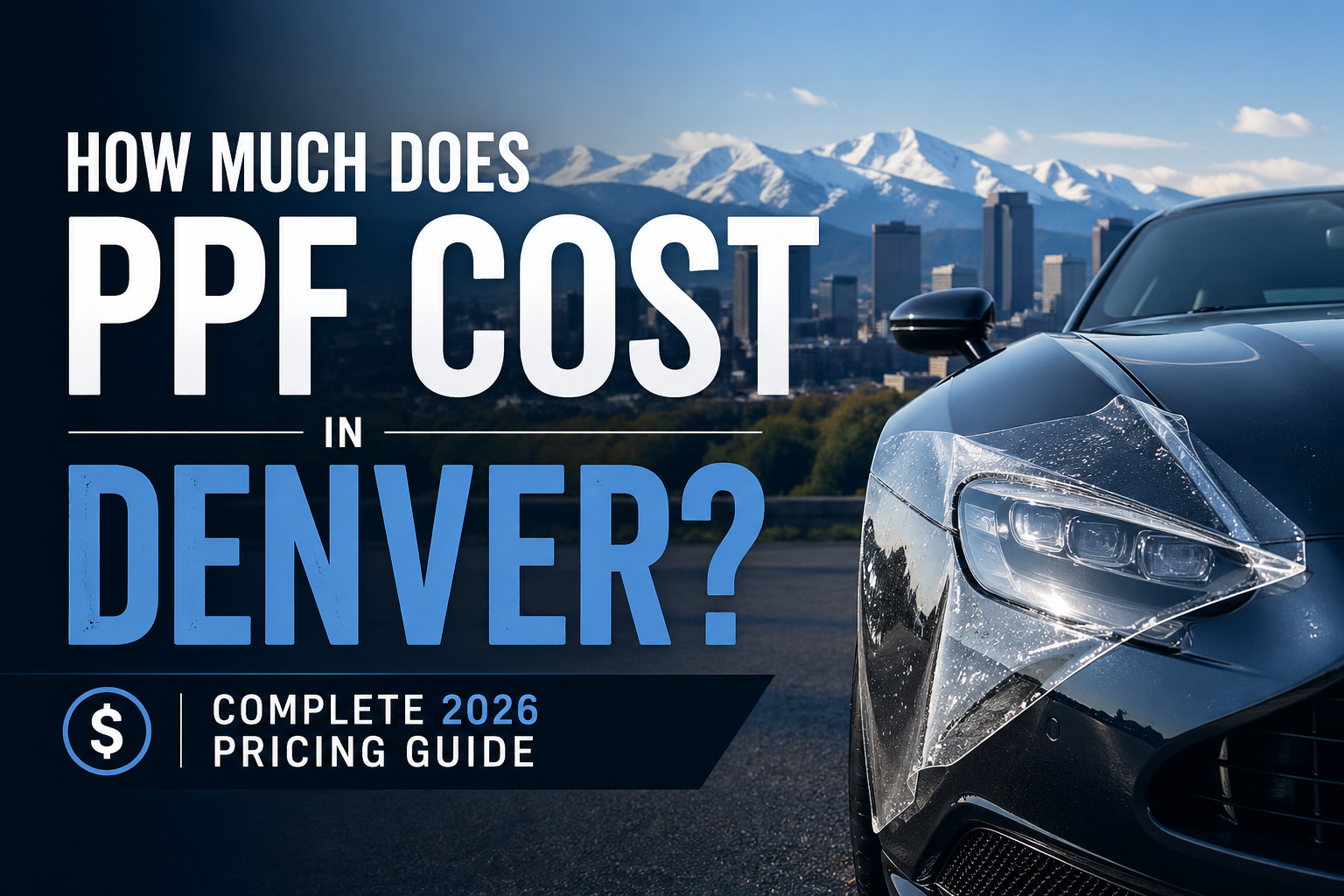 PPF cost in Denver ad with car, mountain skyline, and “Complete 2026 pricing guide” text