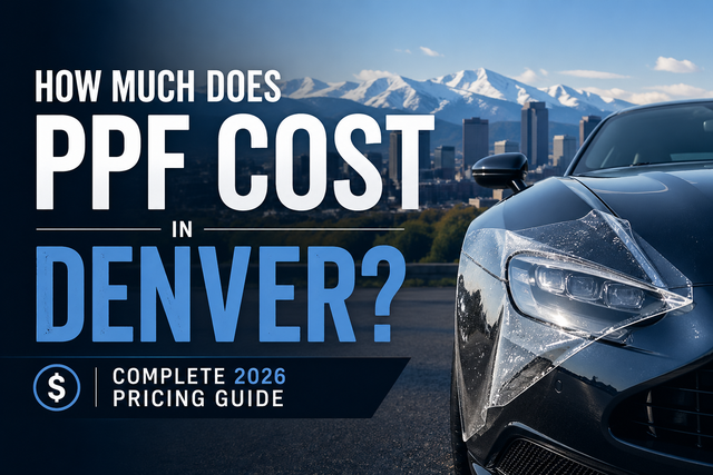 PPF cost guide for Denver with mountain skyline and a car’s front end on a blue background