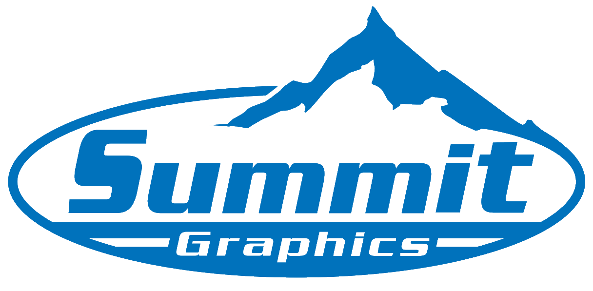 Summit Graphics logo in blue and white with mountain and swoosh design