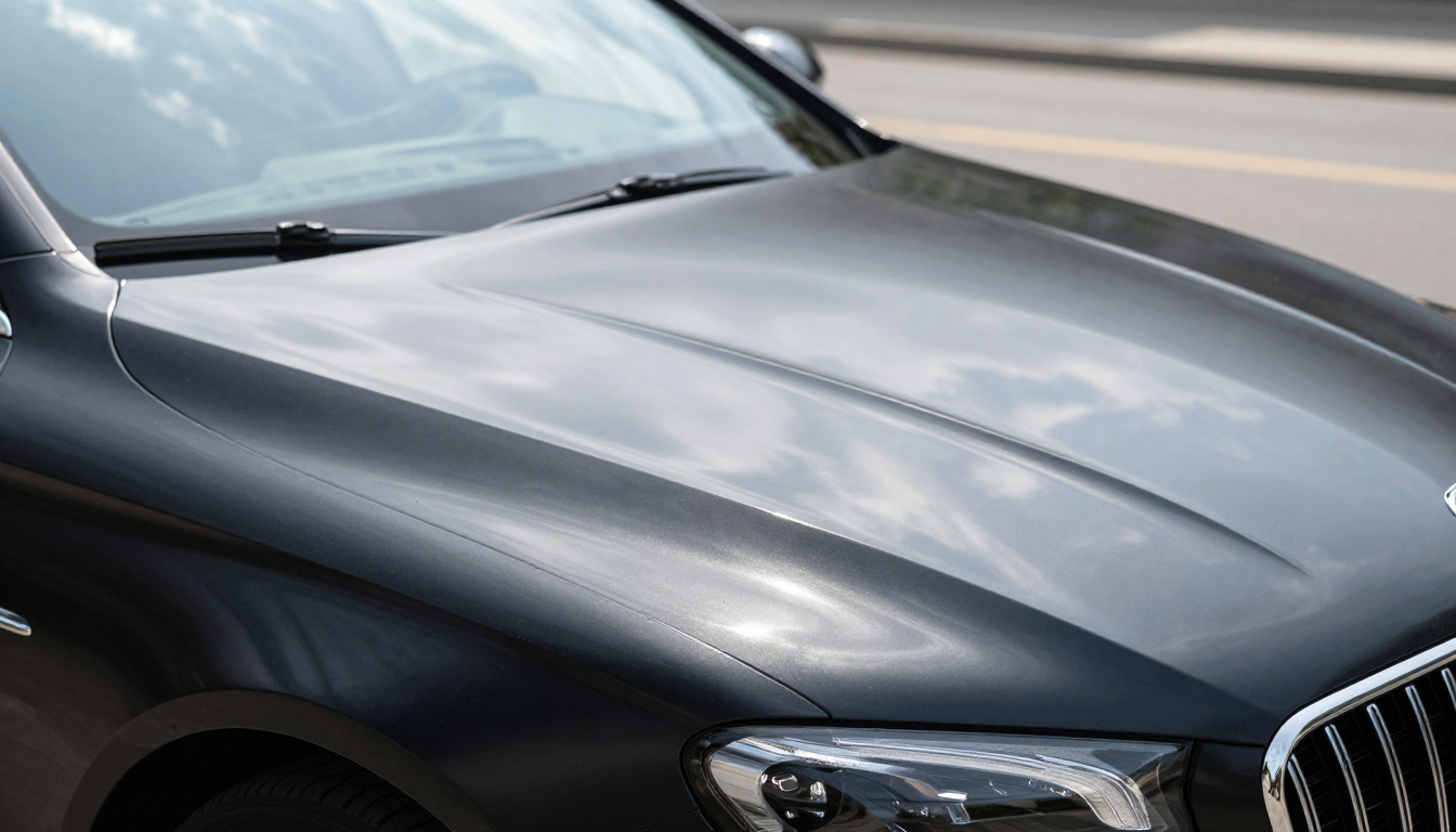 Black luxury sedan with a shiny hood and chrome grille parked outdoors