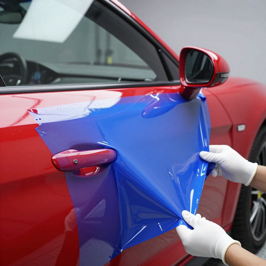 Person wrapping a red car door in blue protective film by hand