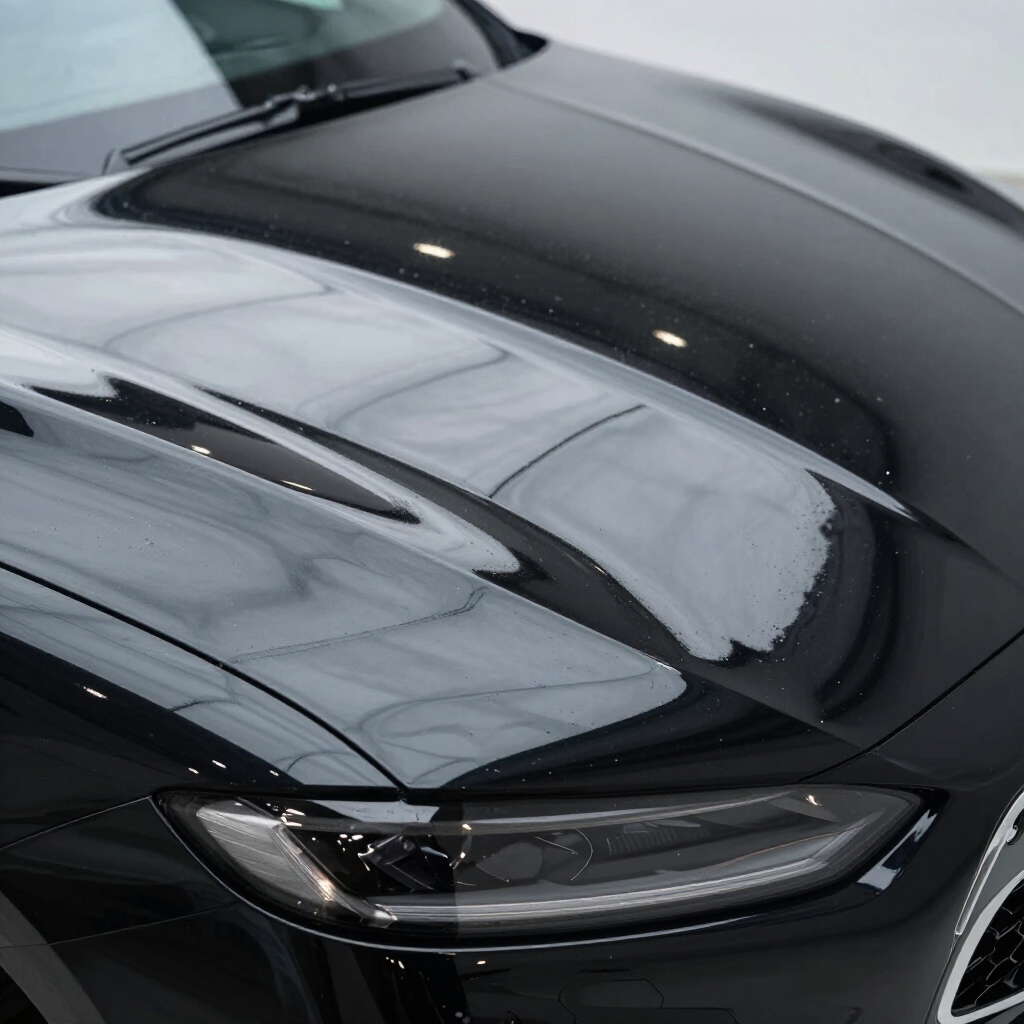 Close-up of a sleek black car hood and headlight with reflections on the glossy paint