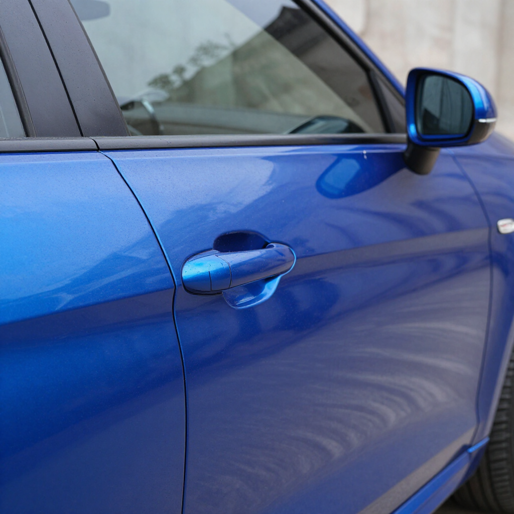 Close-up of a blue car door and handle with a side mirror visible