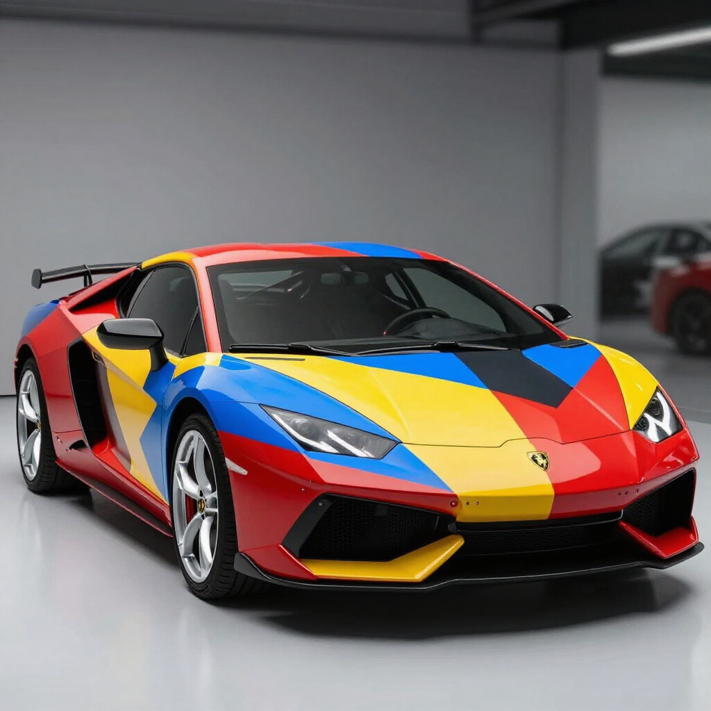 Brightly colored Lamborghini sports car with red, blue, yellow, and black geometric wrap in a showroom