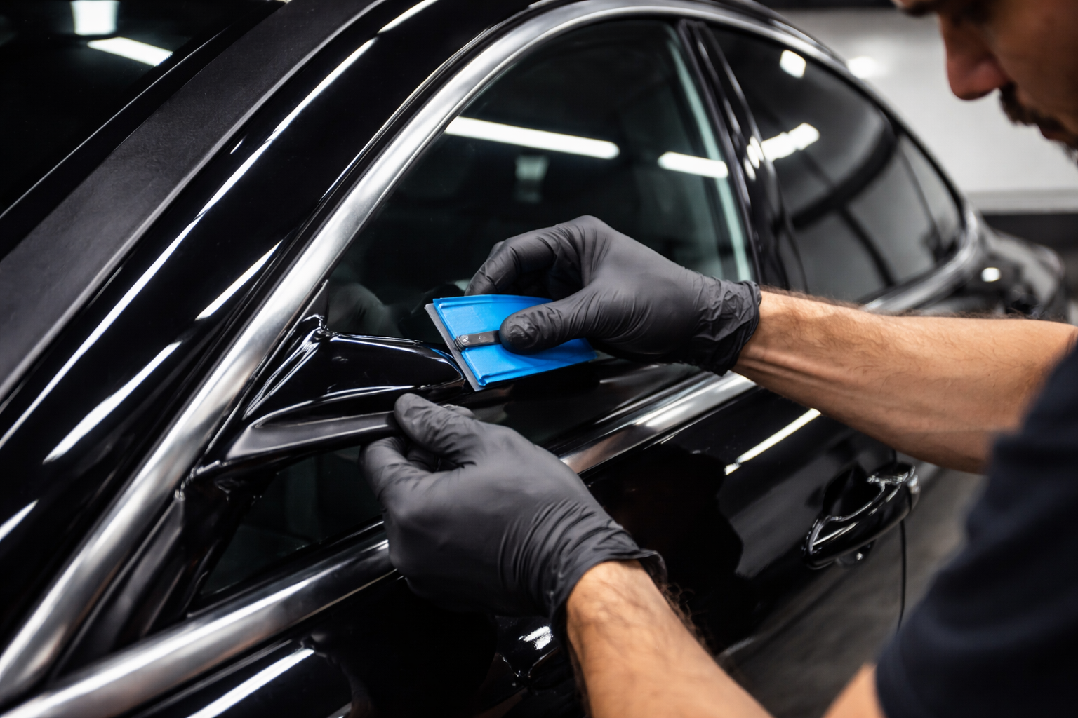 Gloved technician applying a blue tool to a black car window trim in a garage.