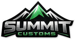 Summit Customs logo with bold silver text and green mountain peaks on a black background