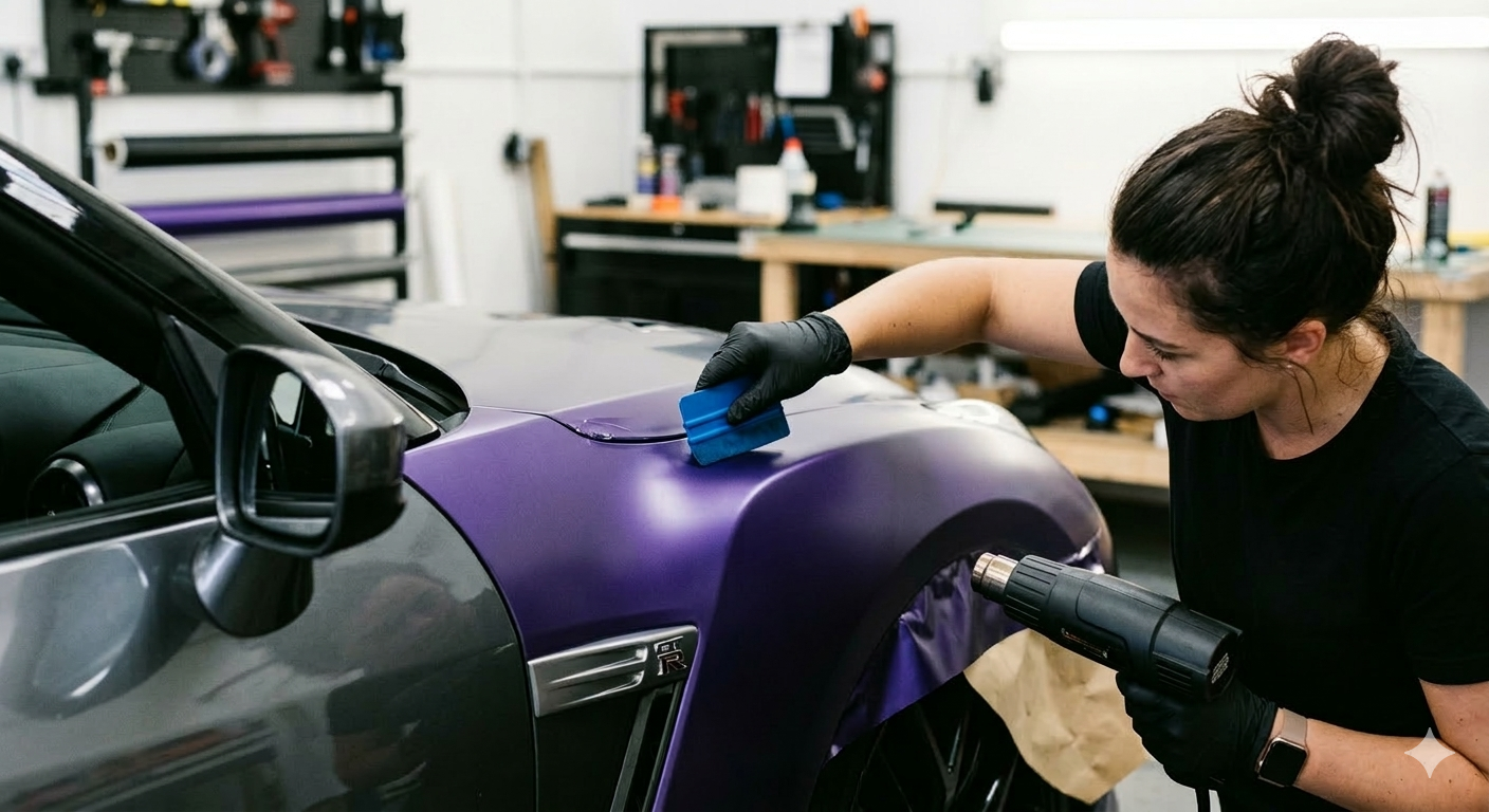 Person applying purple wrap to a car panel in a workshop