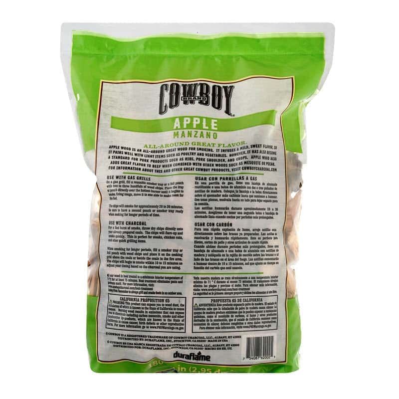 Back of bag of Cowboy Chips of Apple wood for Smoking, or apple wood chips
