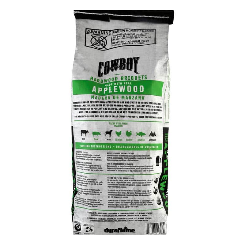 Back of bag of Cowboy Apple Hardwood Briquets applewood charcoal real wood charcoal, applewood charcoal briquettes