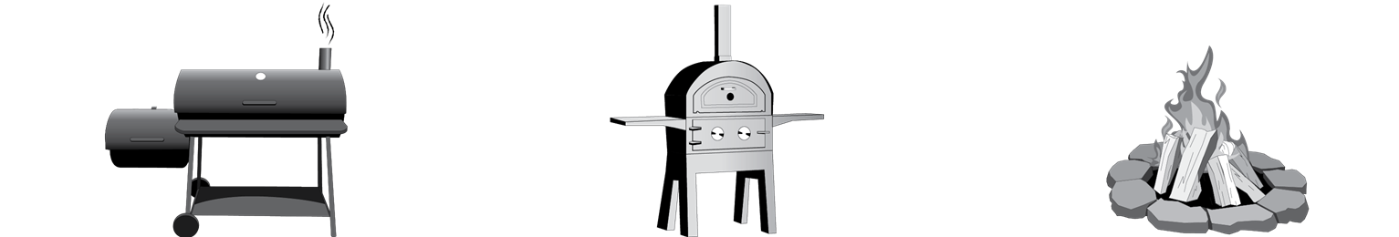 Image of a smoker, a pizza oven, and a fire pit