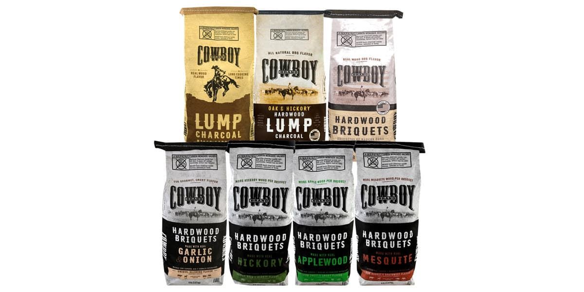 Assortment of Cowboy Lump and Briquet Charcoal, including flavored charcoal briquettes