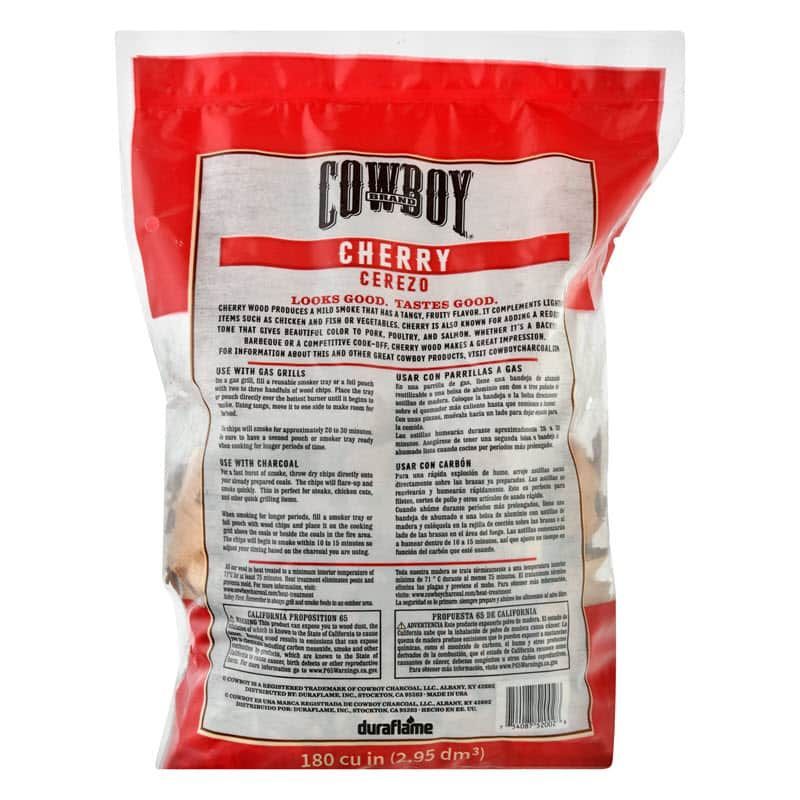 Back of Bag of Cowboy 100% Natural Cherry Smoking Wood Chips, or cherry wood chips