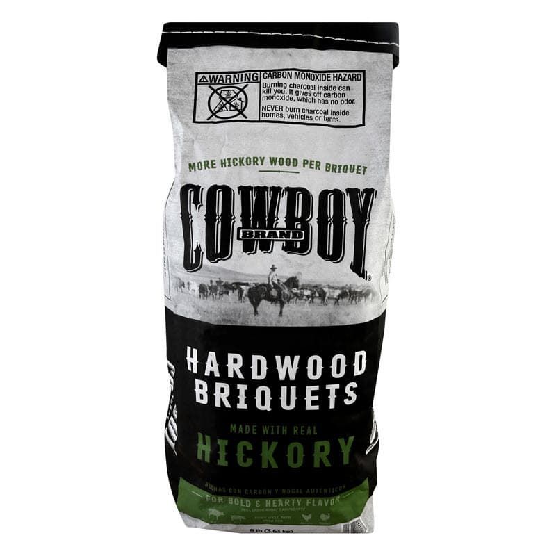 Bag of Cowboy Hickory Hardwood Briquets real wood charcoal, hickory charcoal briquettes, hickory wood charcoal, flavored charcoal