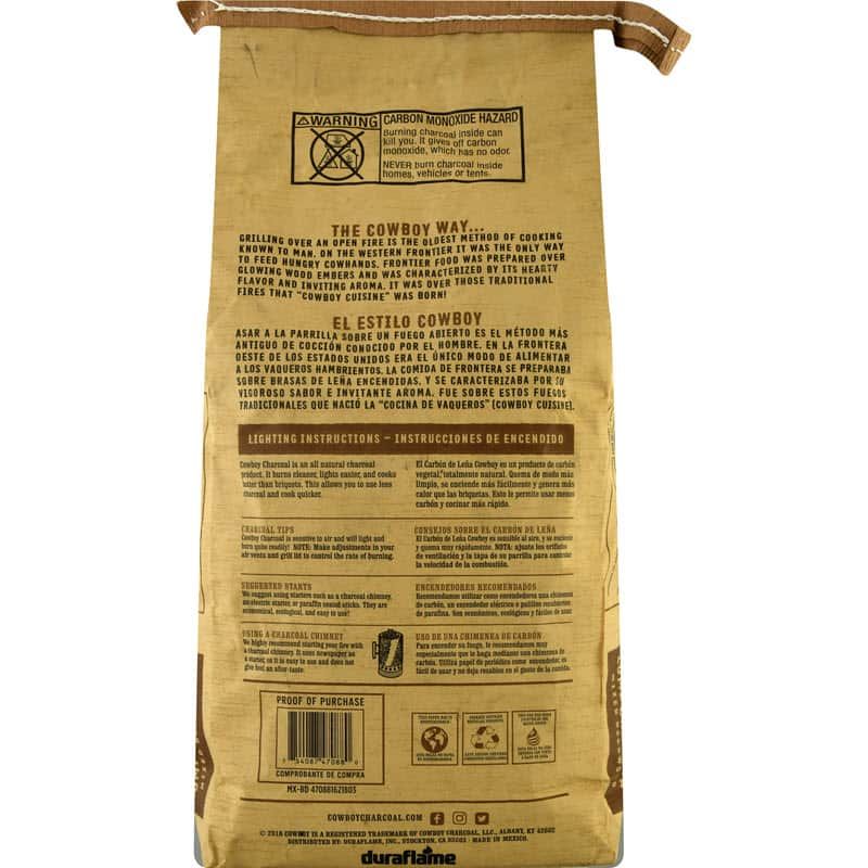 Back of bag of 8.8 lb Cowboy Hardwood Lump wood Charcoal