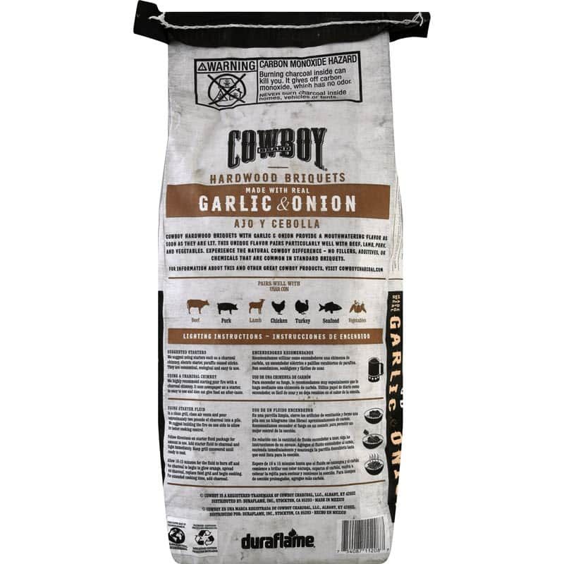Cowboy Garlic & Onion Briquets Back of Bag  real wood charcoal briquettes