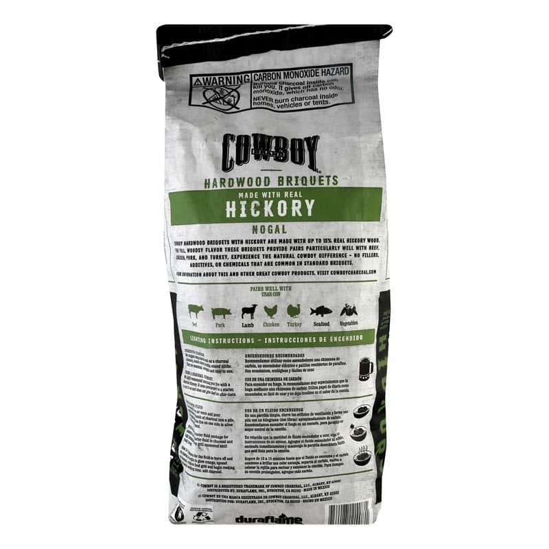 Back of bag of Cowboy Hickory Hardwood Briquets real wood charcoal briquettes